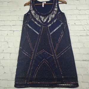Alpa Sequin Embellished Sleeveless Dress Womens XS Navy Silver Boho Fairy